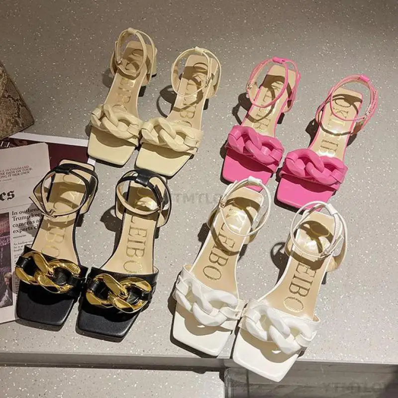 

2021 Summer Women White High Heels Chain Sandals INS Designer Yellow Block Heels Roman Luxury New Party Shoes Ytmtloy 3