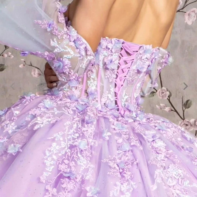 Платье принцессы кружевное с открытыми плечами бальное платье сиреневого цвета