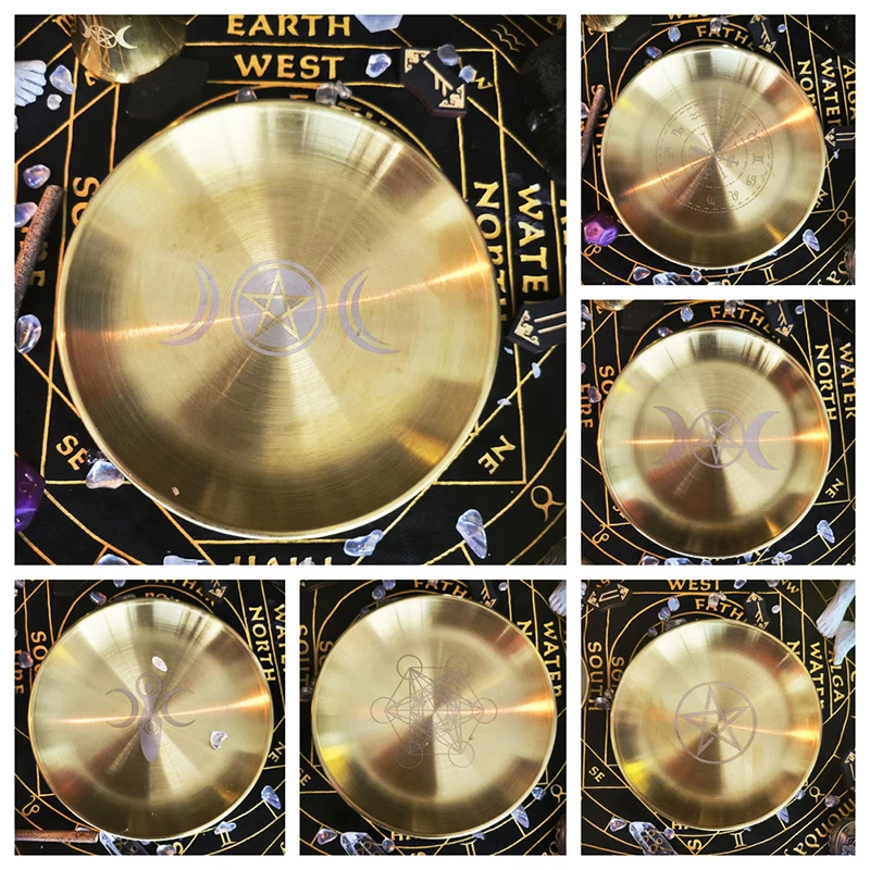 

Three Phases Of The Moon Pentagram Metal Candle Holder Ornament Sacrificial Ritual Plate Dish Flat Bowl Jewelry Tray 14cm