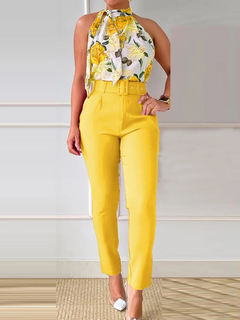 

Women High Waist Ankle-Length Pants Outfits Summer Halter Tops Slim Fit Pants Two Piece Set Female Office Patchwork Trousers Set