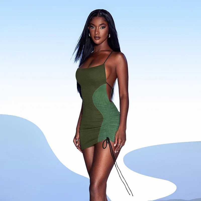 

Sexy Club High Spaghetti Strap Dresses for New Year 2022 Bodycon Mesh Patchwork Vestidos Sheath Party Mini Dress Ropa De Mujer
