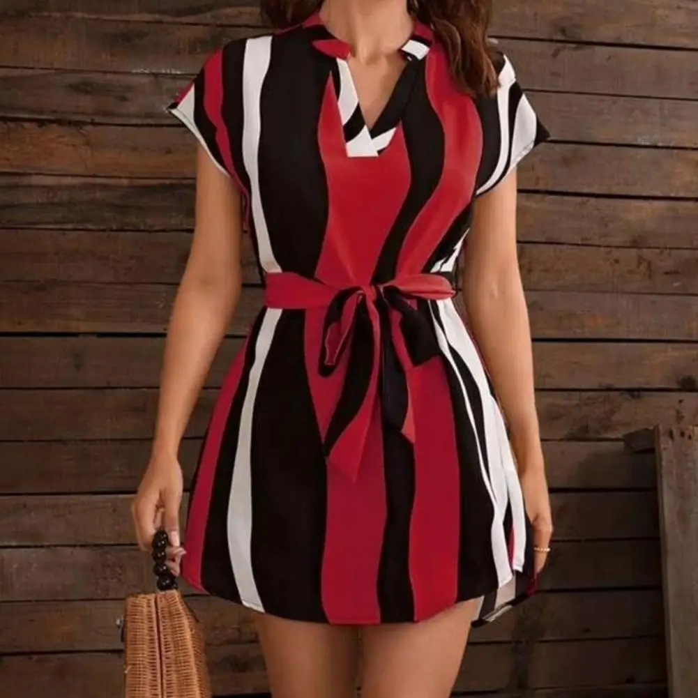 

Fashion Dresses for women 2022 V-neck Striped Printed Drawstring Pocket Dress Women Casual Summer Dress Beach Mini Sundress Robe