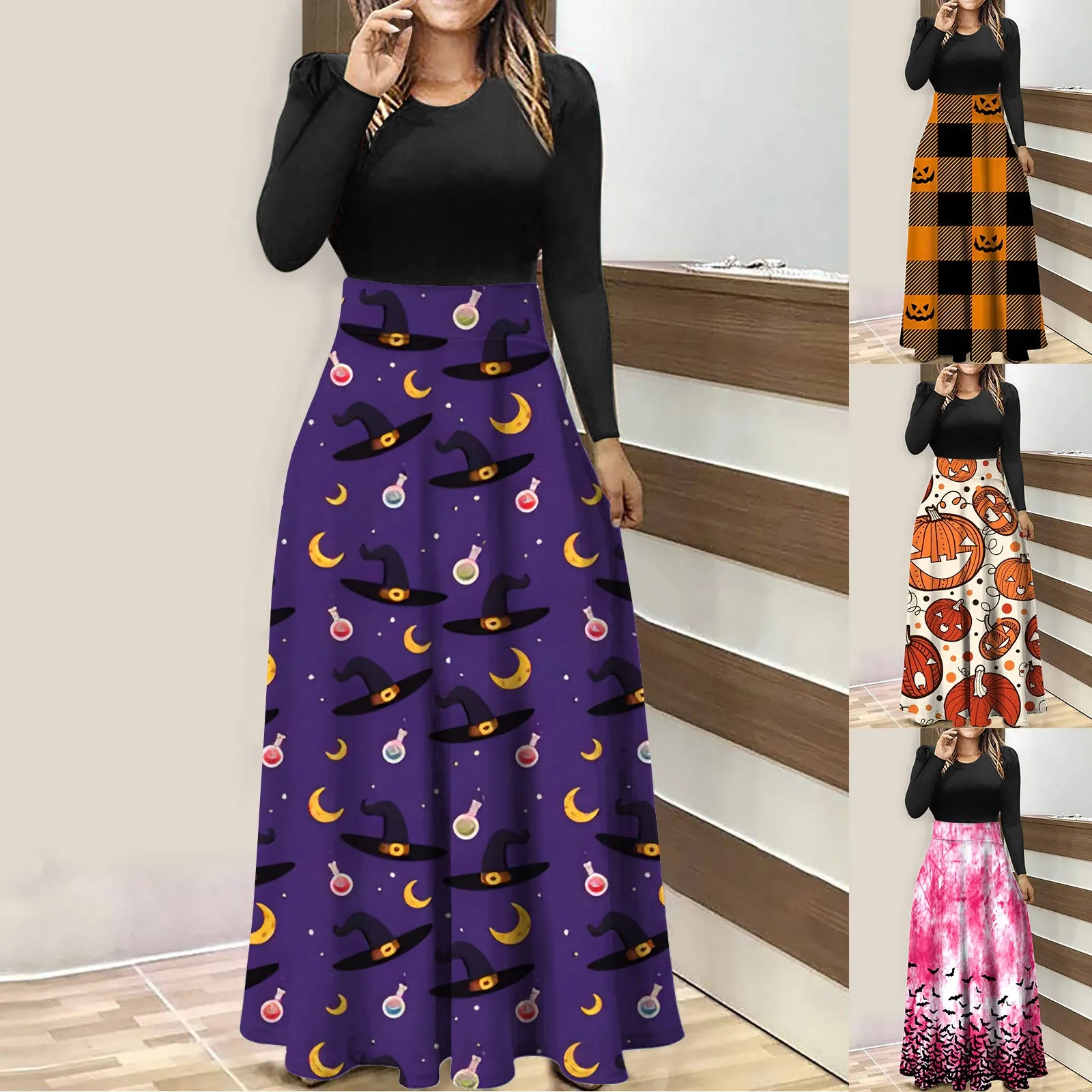 

3 4 Sleeve Dresses for Women Casual Women's Halloween Solid Color Round Neck Long Sleeve Summer Dresses with Long Sleeves