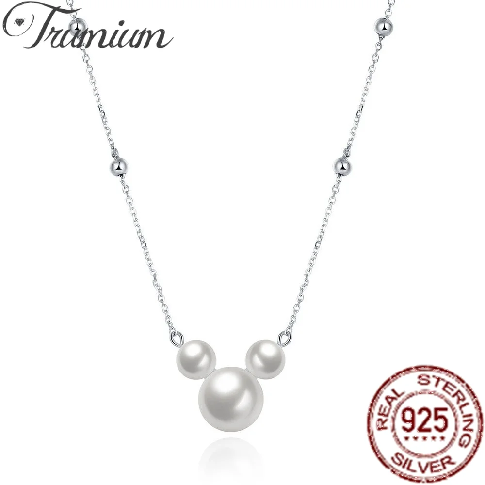 

Trumium 100% 925 Sterling Silver Pearl Necklaces & Pendants For Women Girls Fashion Wedding Chain Mickey head Charm Necklace