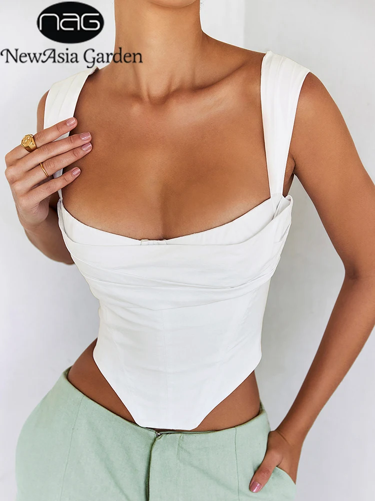 

NewAsia White Boned Corset Top Cut out Ruched Double Layers Elastic Pads Zip Off Shoulder Tank Top Summer Sexy Fashion Top Women