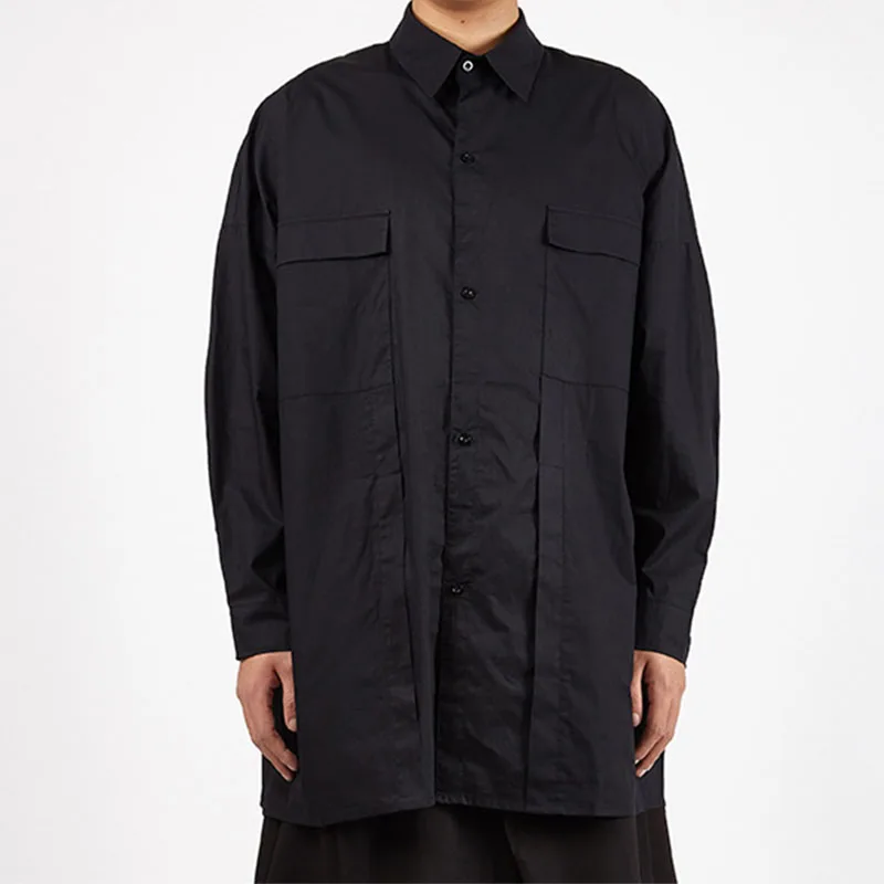 Dark Japanese Cardigan Shirt Casual Slit Men's Long-sleeved One-shoulder Loose Long Coat Fashion Mid-length Shirt