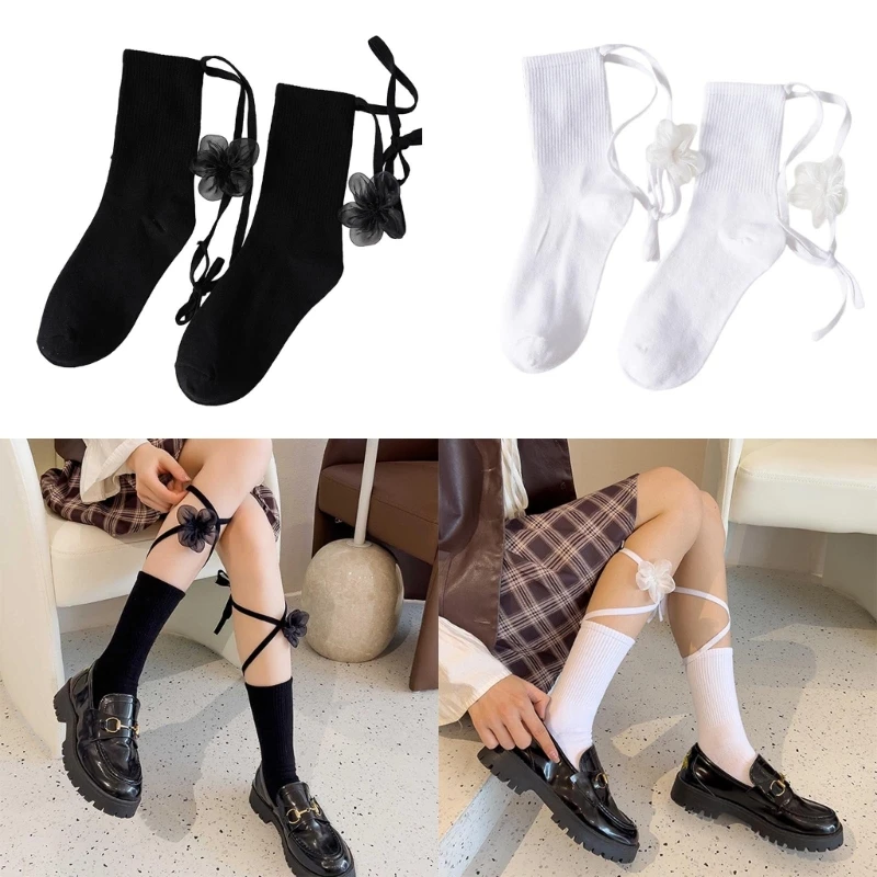 

Women's Lace Up Socks Lolitas Flower Calf Socks JK Students Girls Middle Tube Socks Cotton Booties Socks