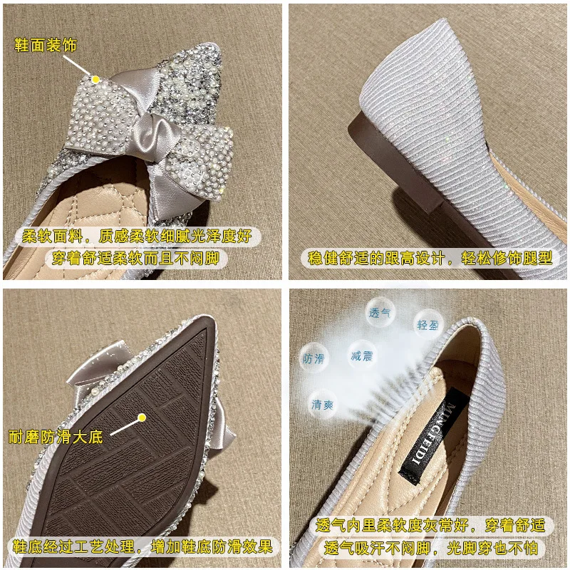 Flat Heel Single Shoe Woman New Pointed Toe Shallow Rhinestone Bow Soft Sole Large Size Scoop Shoes Woman 41-43