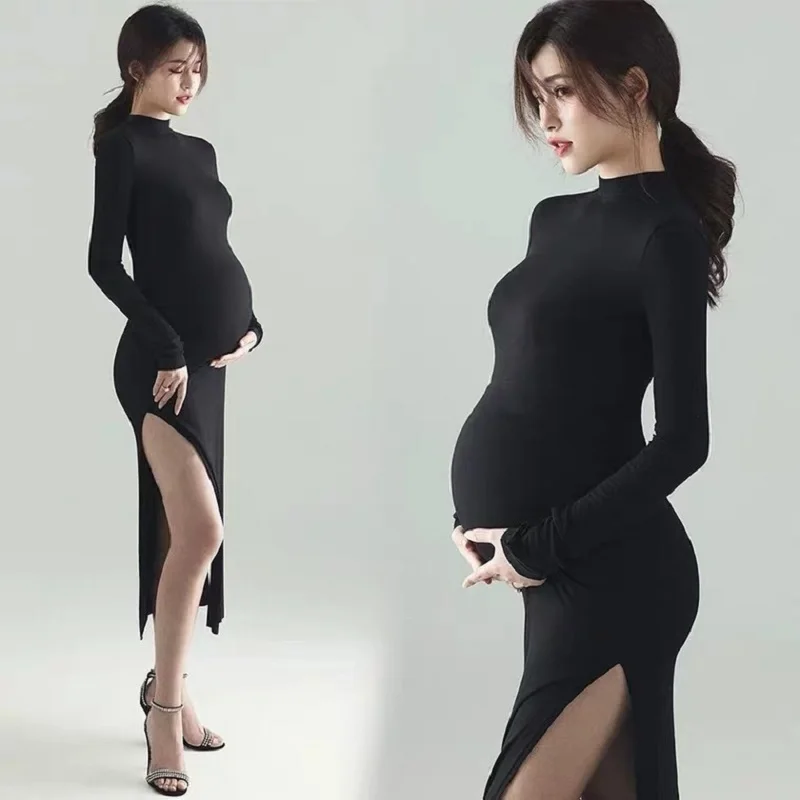 Enlarge Sexy Maternity Dresses for Photo Shoot Full Sleeve Pregnancy Clothes Photography Props High Elastic Split Side Long Dress
