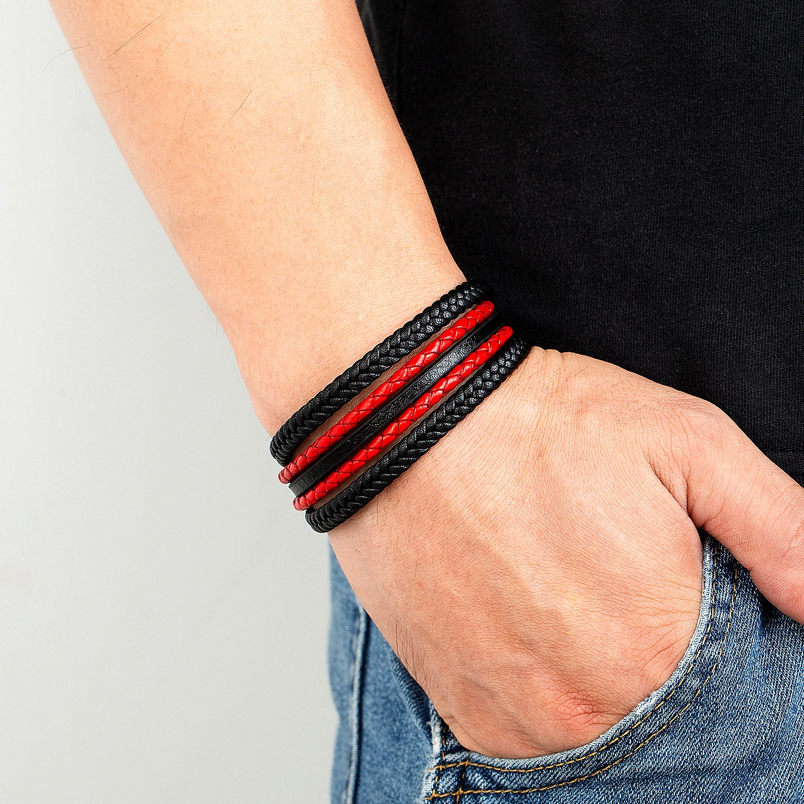 Black Red Multilayer Hand-Woven Leather Wrap Bracelets Vintage Style Charm Men's Bracelets & Bangles Male Gift Wristband Jewelry images - 6