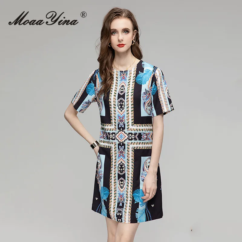 

MoaaYina, летнее модное дизайнерское роскошное вечерние платье, женское платье с круглым вырезом и коротким рукавом, расшитое бисером, свободное повседневное мини-платье с принтом