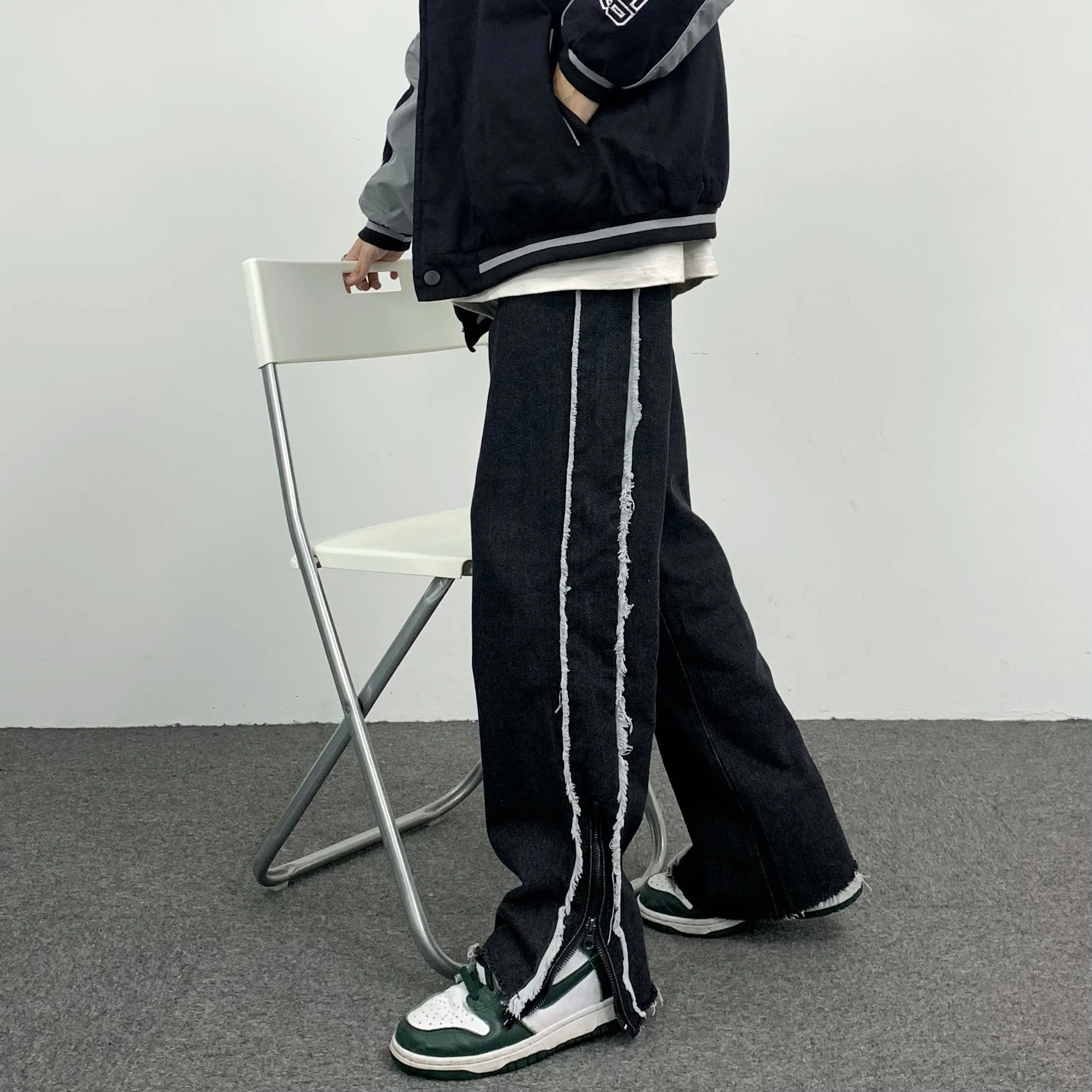 Men's jeans raw edge stitching slit straight wide leg jeans hip hop men's pants y2k pants jeans fashion streetwear brand jeans