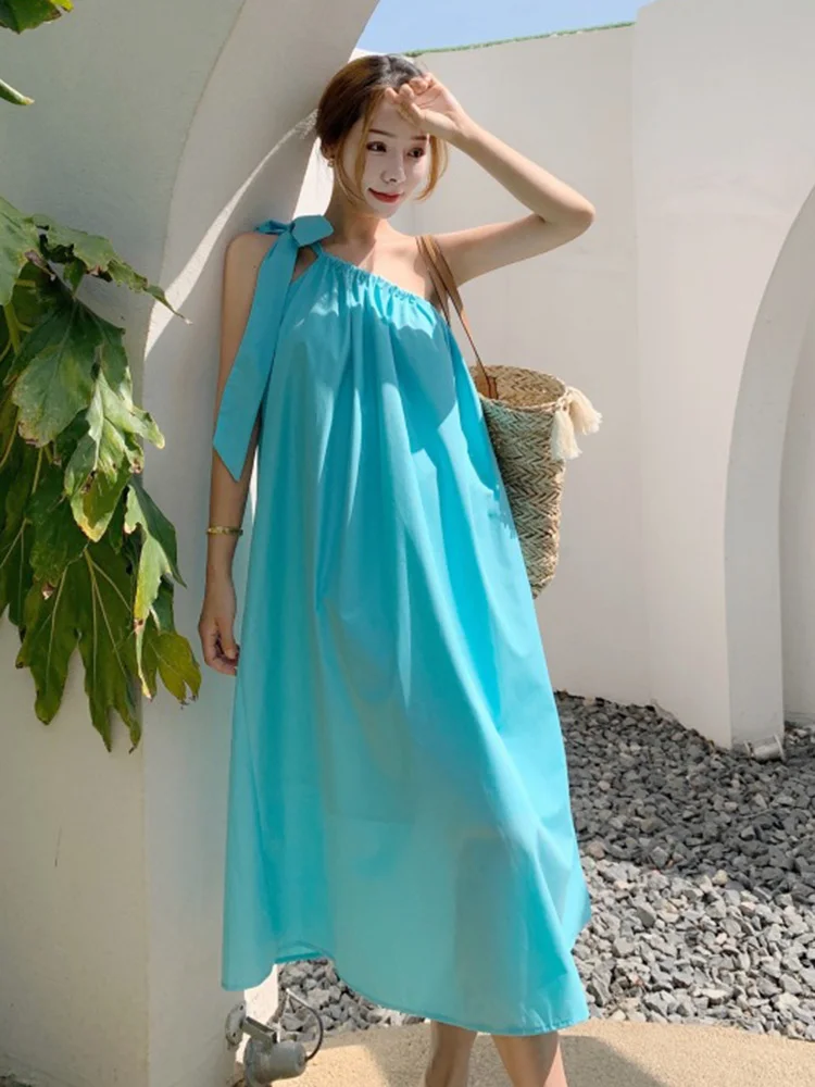 

Женское асимметричное платье средней длины, Однотонное голубое платье свободного покроя с диагональным воротником, без рукавов, в минимали...