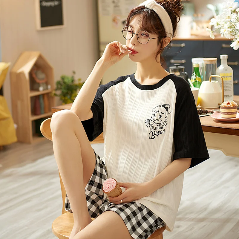 

2022 new style pajamas female summer pure cotton short sleeved shorts sweet lovely student large home clothes