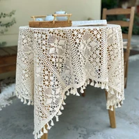 french pastoral crochet lace hollow tassel tablecloth beige literary artistic cotton thread crochet tea table cloth cover towel5