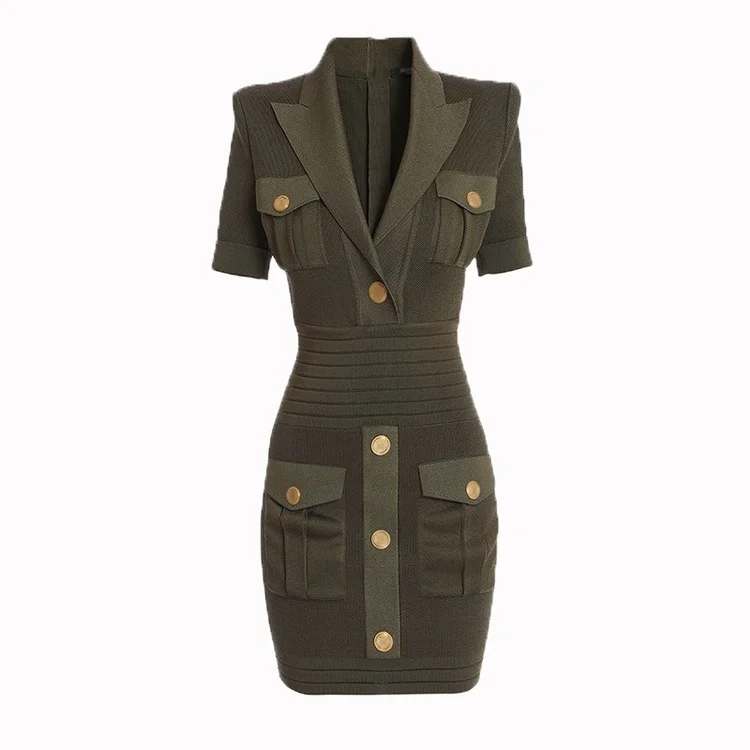 

Fashion Classic Design Military Green V-neck Knitted Medium Length Skirt Rivet Button Pocket Dress Short Sleeve Back Zipper