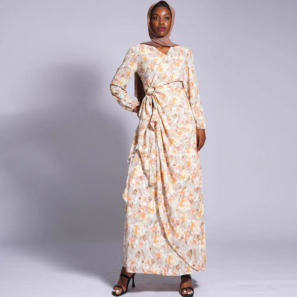 New print dress belt A slim print women's dress Islamic Muslim dress France Abaya noble luxury dress Arab Israel clothing