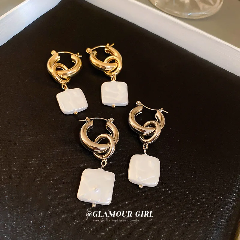 

Minar French Vinatge Square Simulated Pearl Hanging Earring for Women Brass Gold Silver Long Hoop Earrings Every Day Jewelry