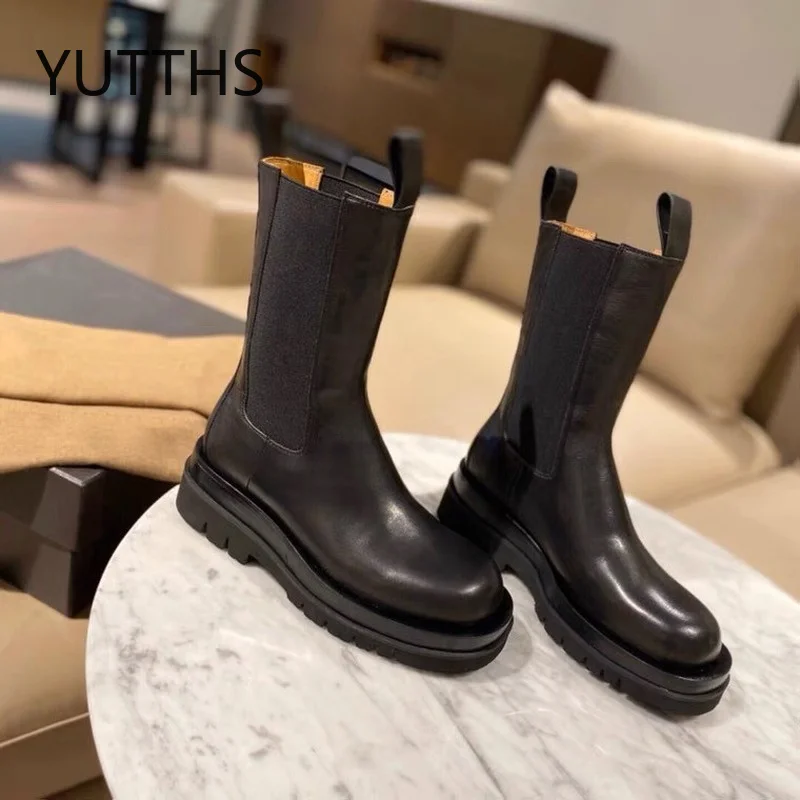 

New Winter Warm PU Leather Mid-Calf Retro Chelsea Boots Women Round Toe Slip-On Platform Shoes Casual Women's Boots Botas Mujer