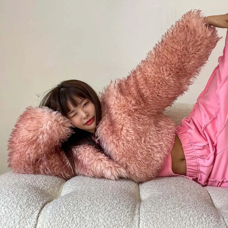 Short Fluffy Coat Faux Fur Jacket Overcoat Pink Vintage Tie Dye Winter Clothes Women 2022 Fashion Coats Gradient Eco Fur Coat