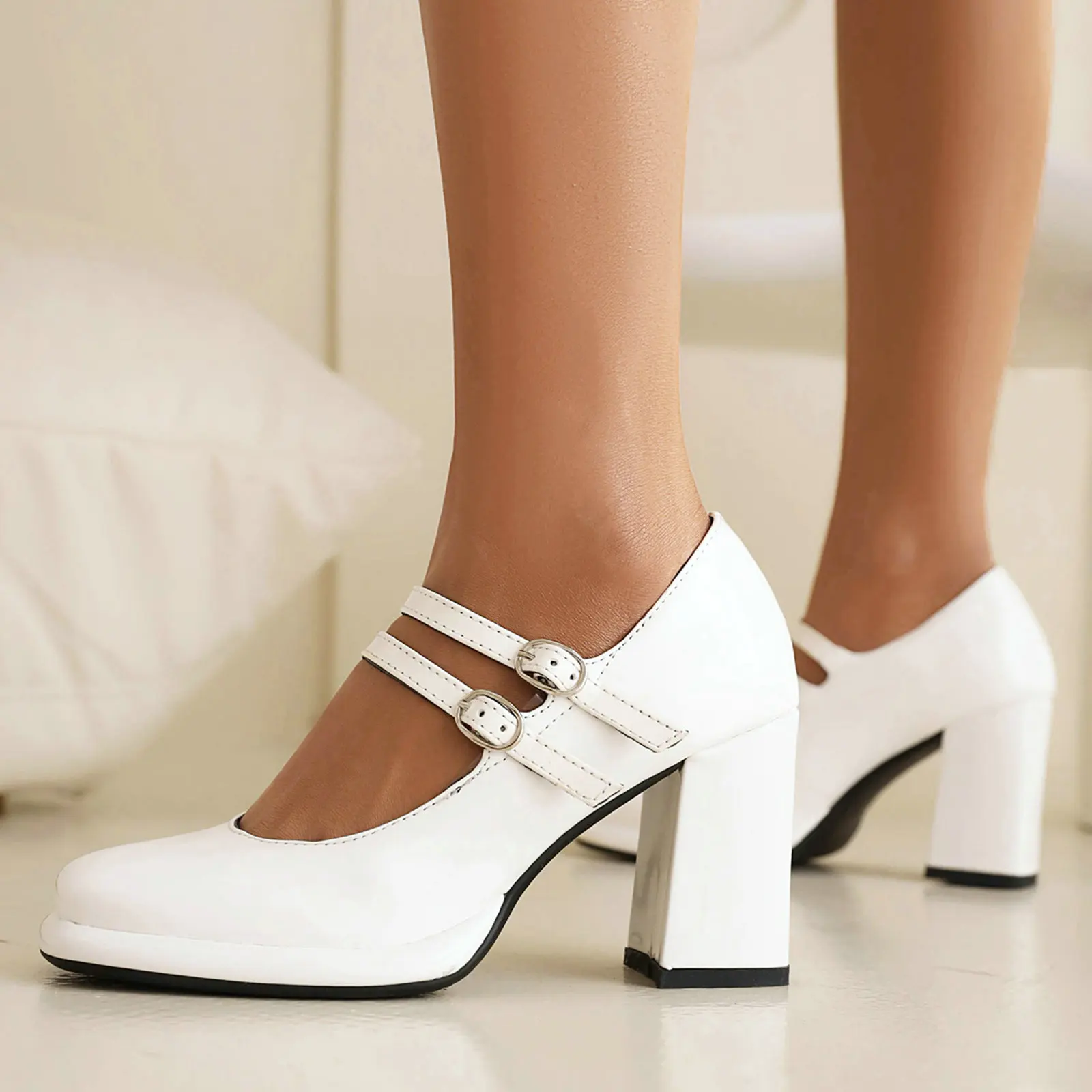 Eokkar Women Square Toe Patent Leather Mary Janes Two Buckle Pumps Platform Chunky Heel Vintage Dress Shoes White Block Pumps