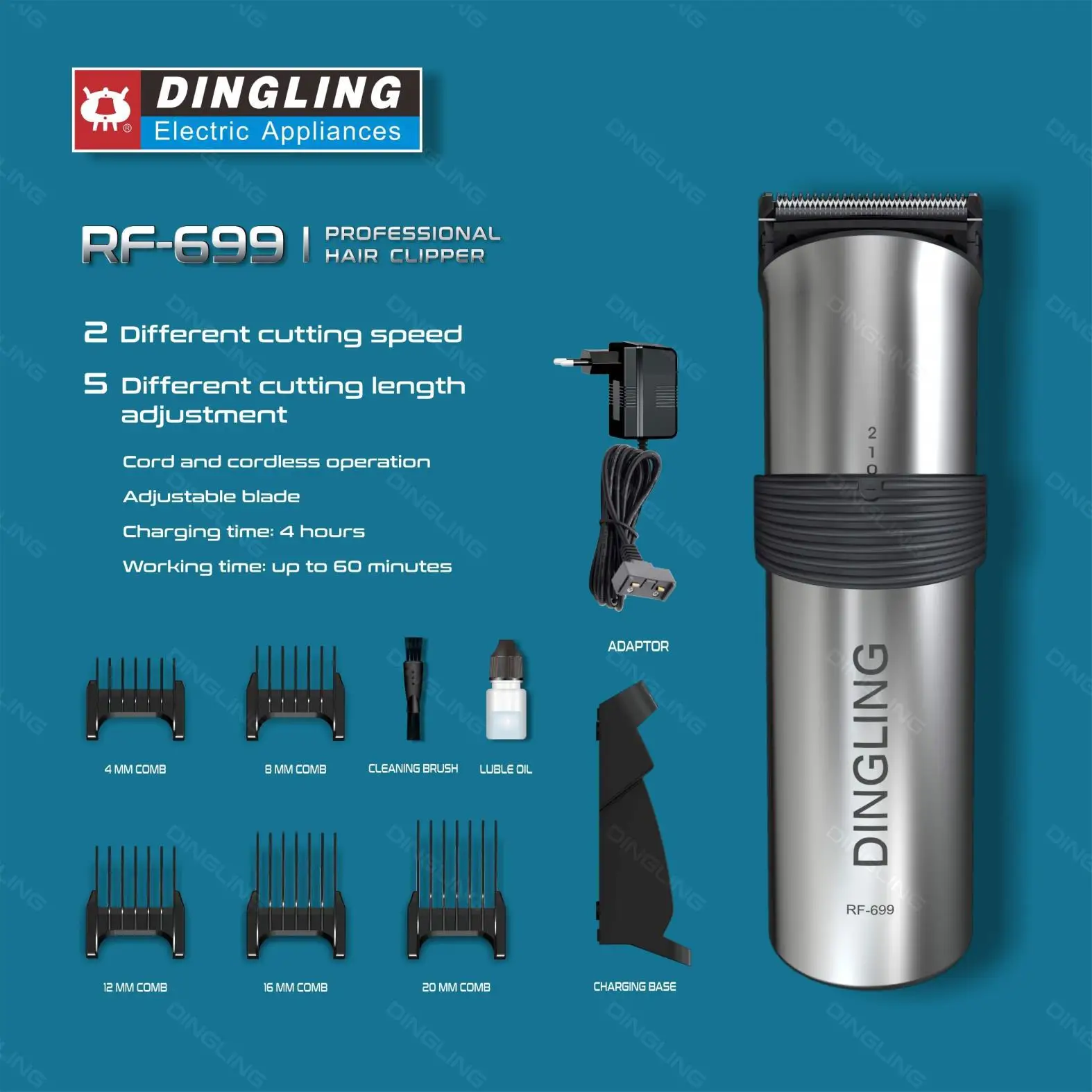

Мужская машинка для стрижки волос Dingling, стальная машинка для стрижки волос с 4 перезаряжаемыми лезвиями, 50 Гц, профессиональный триммер с углеродной зарядкой