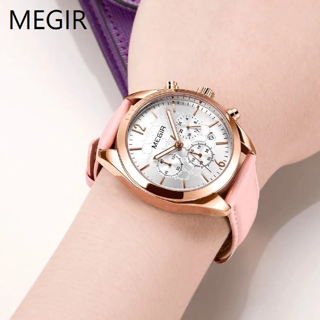 Megir Original Women's Fashion Quartz Watch Chronograph Leather Strap Waterproof Casual Wristwatch Lady Dress Relogios Femininos