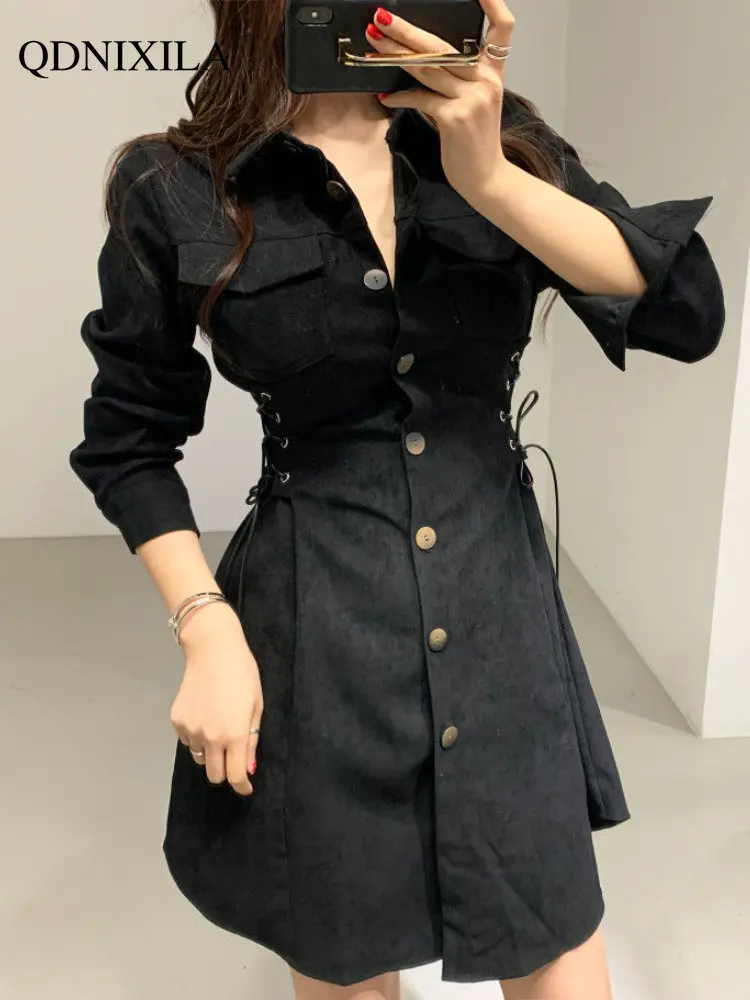

Dresses for Women 2023 Early Spring Vintage Lace-up Waist Single-breasted Shirt Tie-up Dress Woman Short Dresses Women Clothing