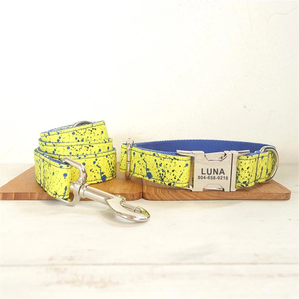 Personalized Splash Ink Pet Collar Customized Puppy ID Tag Adjustable Blue Yellow Paint Splashing Basic Dog Collars Leash