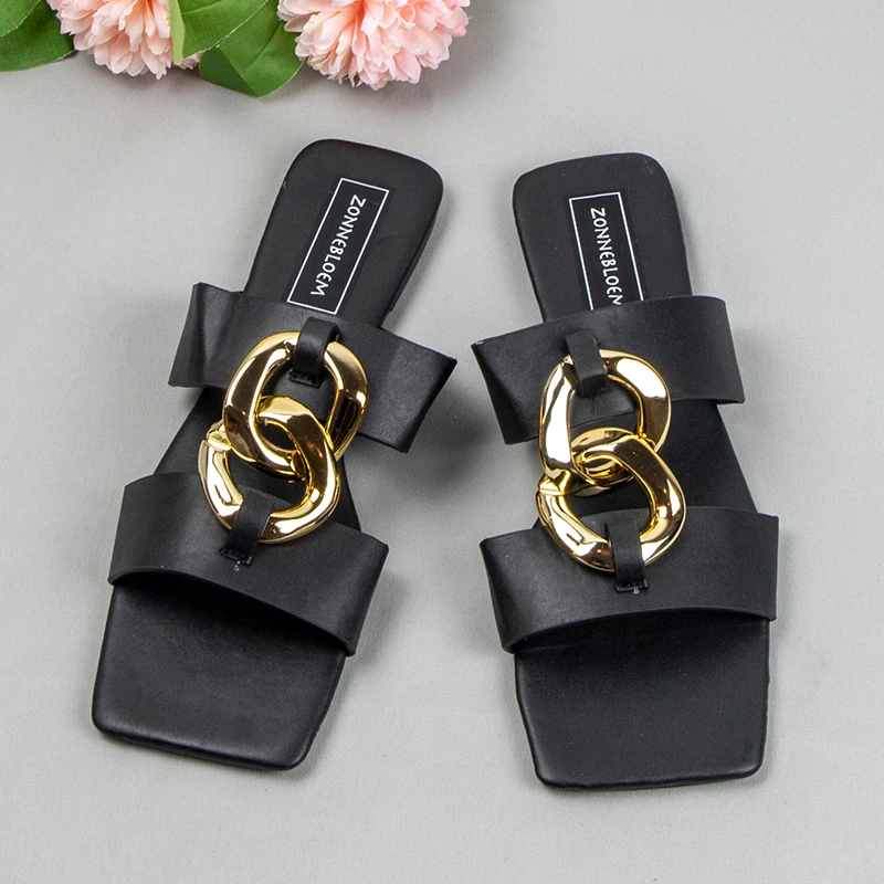 

Women Slides Fashion Sqaure Toe Ladies Summer Shoes Leather Flat with Solid Metal Buckle Female Slippers Outside Flip Flops