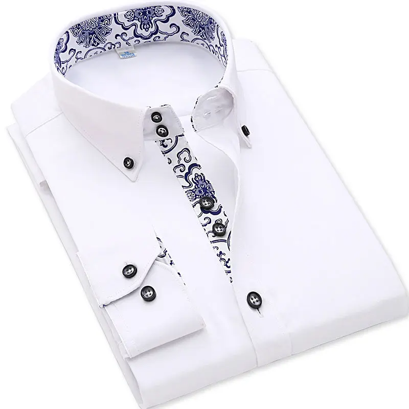 2022 New Spring and Autumn Men's Business Long Sleeve White Shirt Korean Fashion Casual Square Neck Middle Aged and Youth Shirt