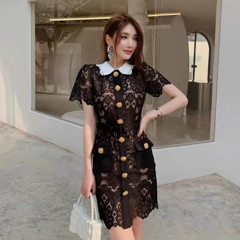 

SuperAen 2022 Autumn New Style Embroidery Doll Collar Buckle Lace Dress Black Long Dress Women