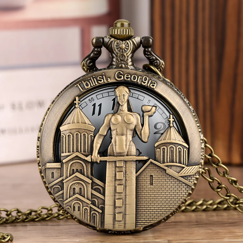 

Vintage Pocket Watch Women Hollow Tbilisi Georgia Bronze Quartz Pocket Watch Necklace Pendant Gift for Ladies Relógio De Bolso