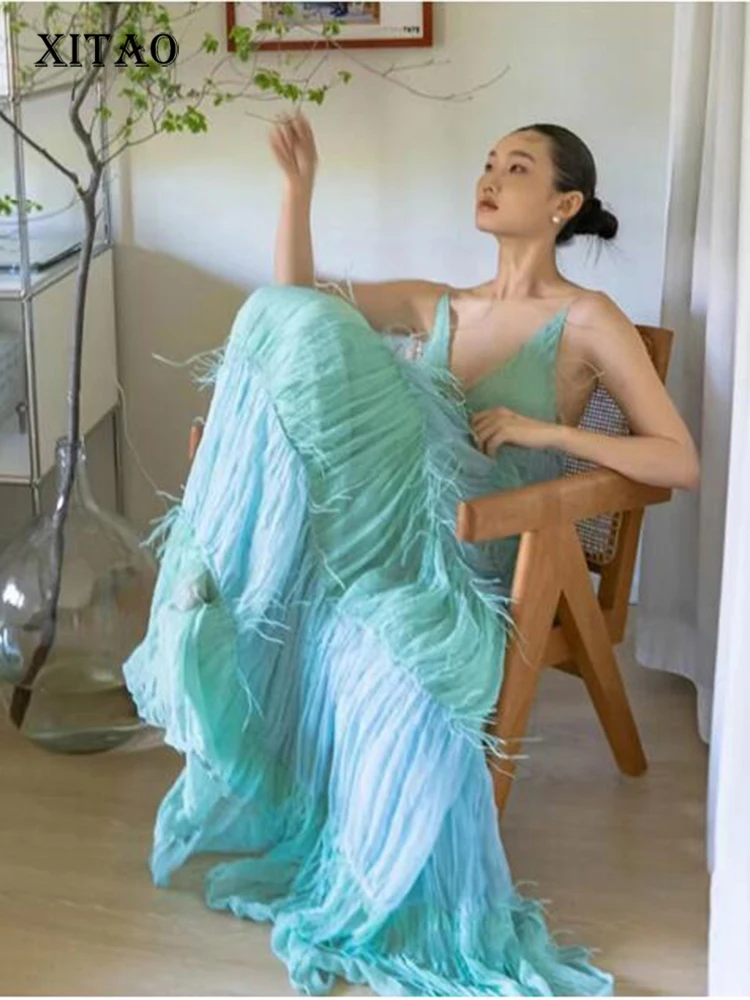 

XITAO Tassel Women Dress Solid Color Pullover Backless Minority Strapless Sexy Style Patchwork Minority Loose Dress WMD6953