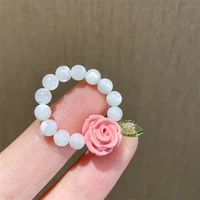 korean pink rose flower pearl elastic rings for women lady 2022 new