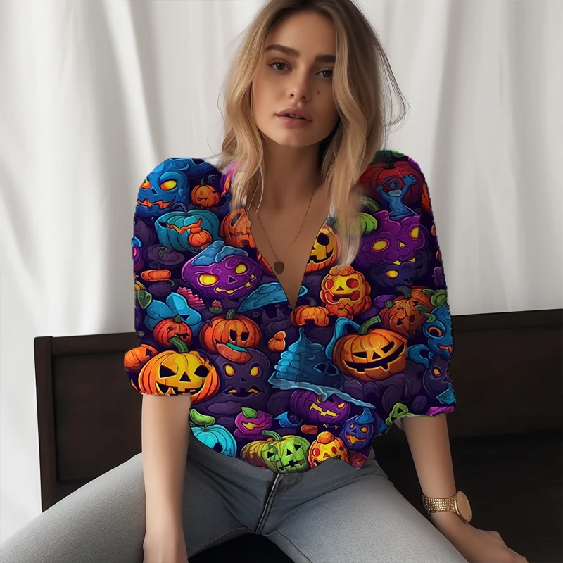 

Новинка 2023, женская рубашка, женская рубашка с 3D принтом тыквы на Хэллоуин, женская рубашка в праздничном стиле, модная трендовая женская рубашка