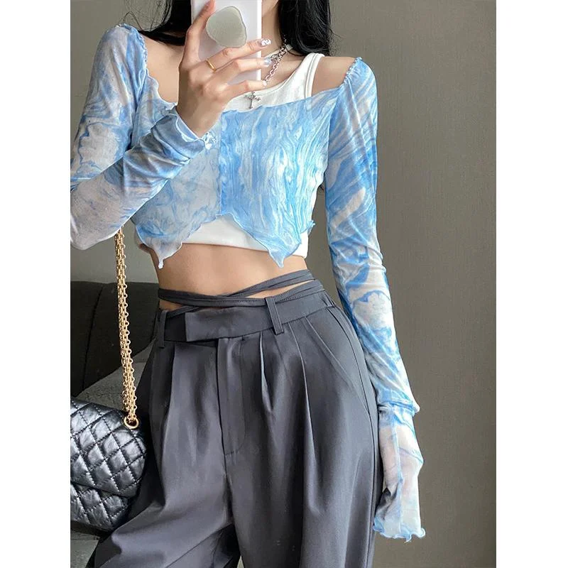 

Deeptown American Tie Dye Women's Crop Top Y2k Aesthetic Irregular Long Sleeve Tee Transparent Harajuku Blue T-shirts Streetwear