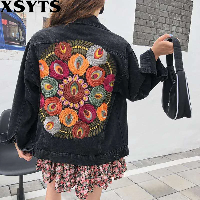

Casacas Para Mujer Womens Black Jean Jacket 2022 Korean Fashion Coats Denim Jackets Casual Flower Embroidered Retro Denim Top