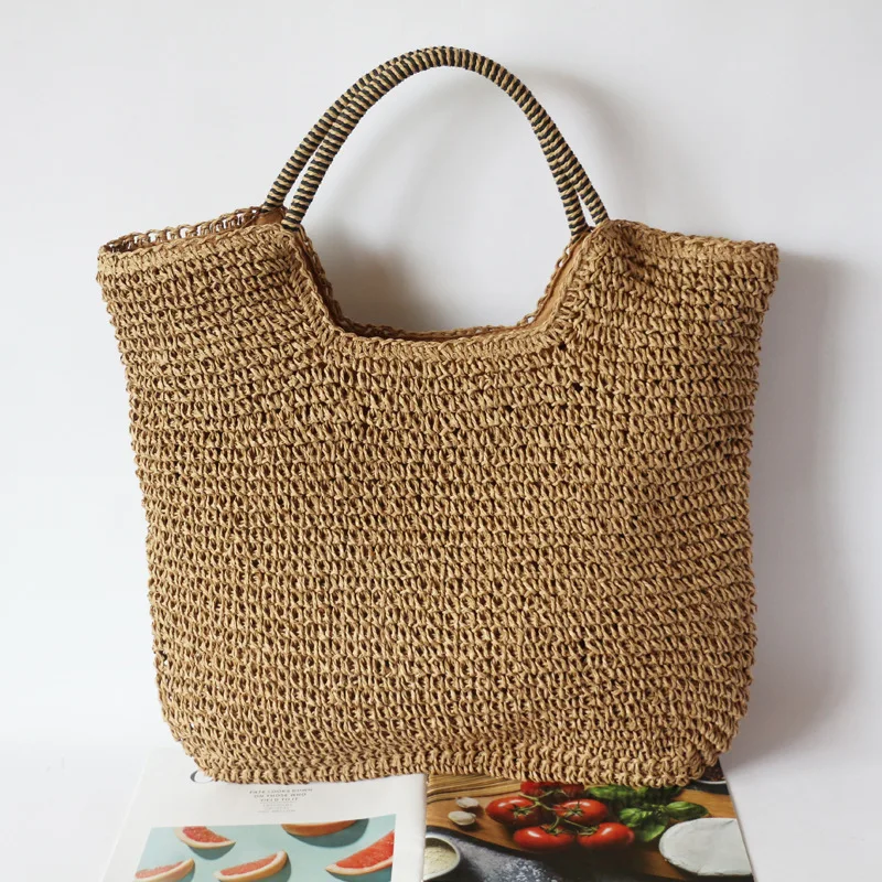 

Vintage Knitting Straw Woman Tote Bag Fashion Summer Woven Casual Beach Handbags for Women Beach Large Capacity Shoulder Bag