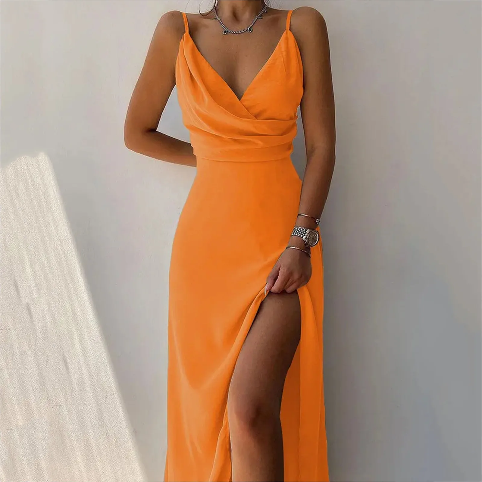 

Women's Summer Spaghetti Strap Side Slit Ribbed Knee Length Maxi Dress Smocked Mini Dress Women