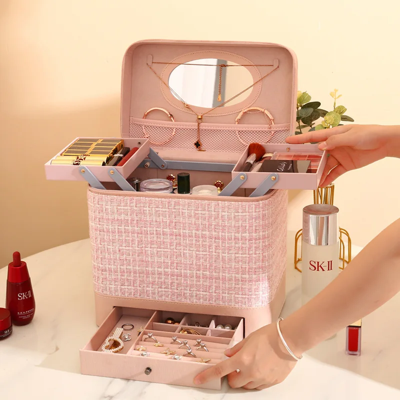 

Korean cosmetic bag large-capacity female cosmetic storage box simple double-layer large portable multi-functional cosmetic box