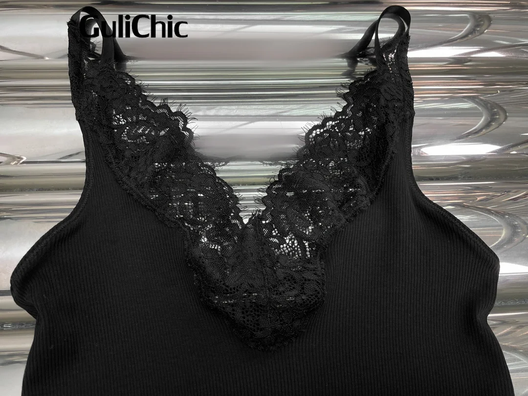 10 23 GuliChic женский сексуальный кружевной топ на тонких бретельках с v-образным