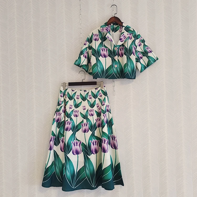 

Green Purple Tulips Floral Printed Women Long Dresses Short Sleeves Casual Elegant Lady A-Line Summer Dress Clothes