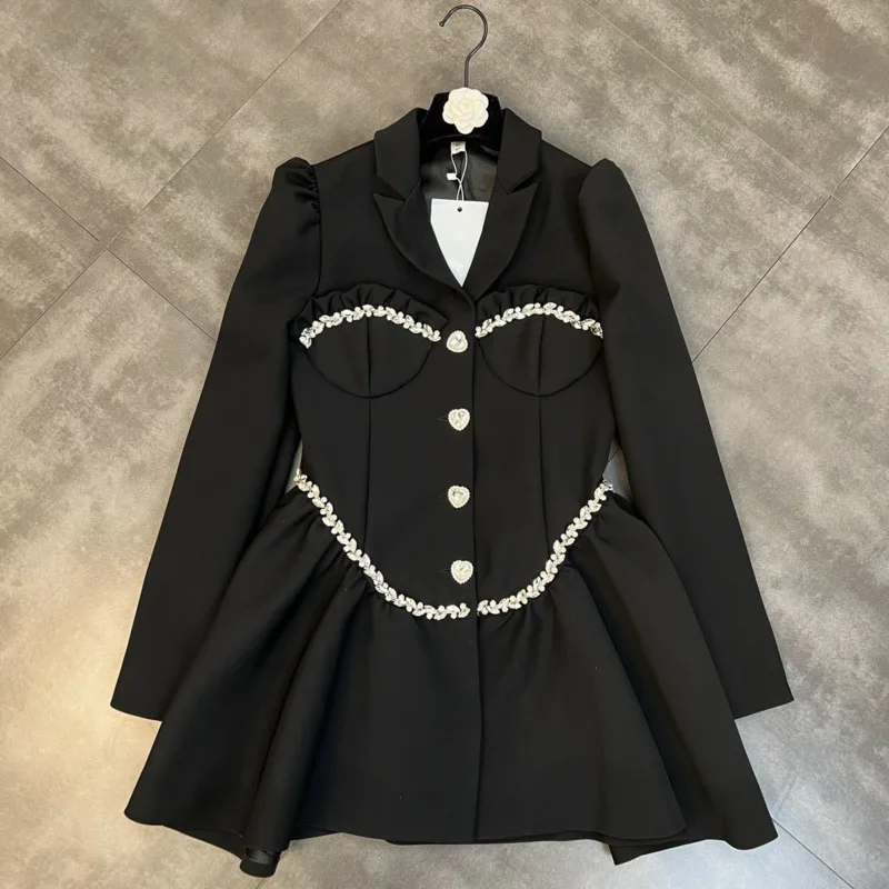 

PREPOMP 2022 Spring New Arrival Long Fluffy Sleeve Turn Down Collar Rhinestone Design Short Blazer Dress Women GE021