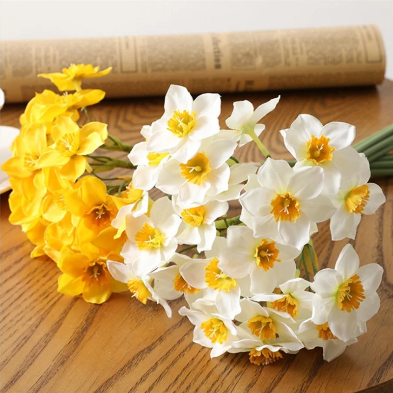 

6Pcs/bunch Yellow/White Artificial Narcissus Flower Bouquet Fake Flowers for Home interior Decor Floral Party Wedding decoration