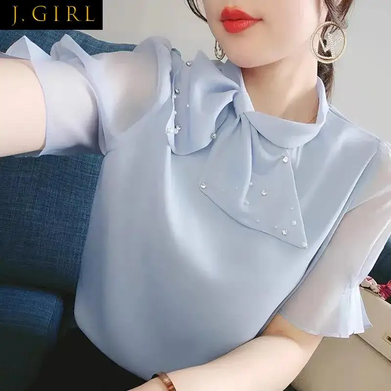 

Elegant Stand Collar Beading Bow Loose Short Sleeve Chiffon Blouse Plus Size Sweet Female Clothing Shirt Summer Casual Pullovers