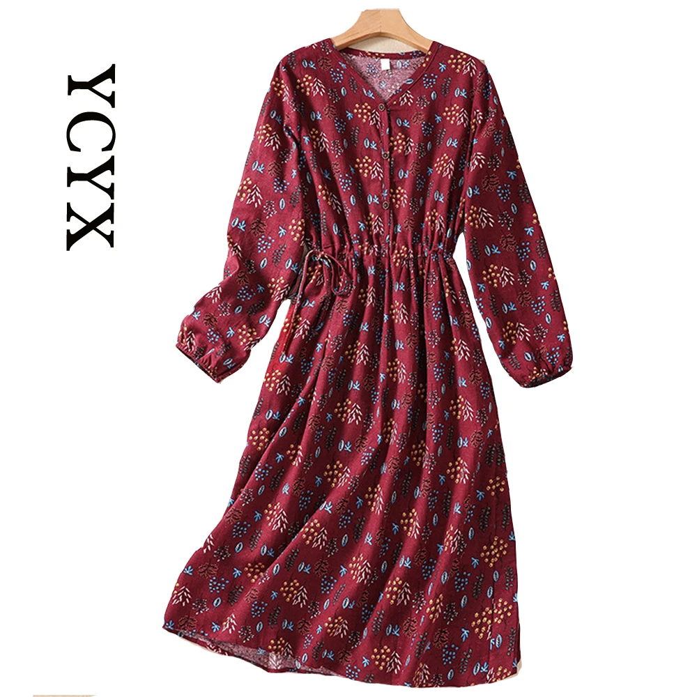 

YCYX Women cotton and linen long Dress retro Floral Print Vintage Linen Long sleeve Women's Dress V-Neck Dresses For Women 2023