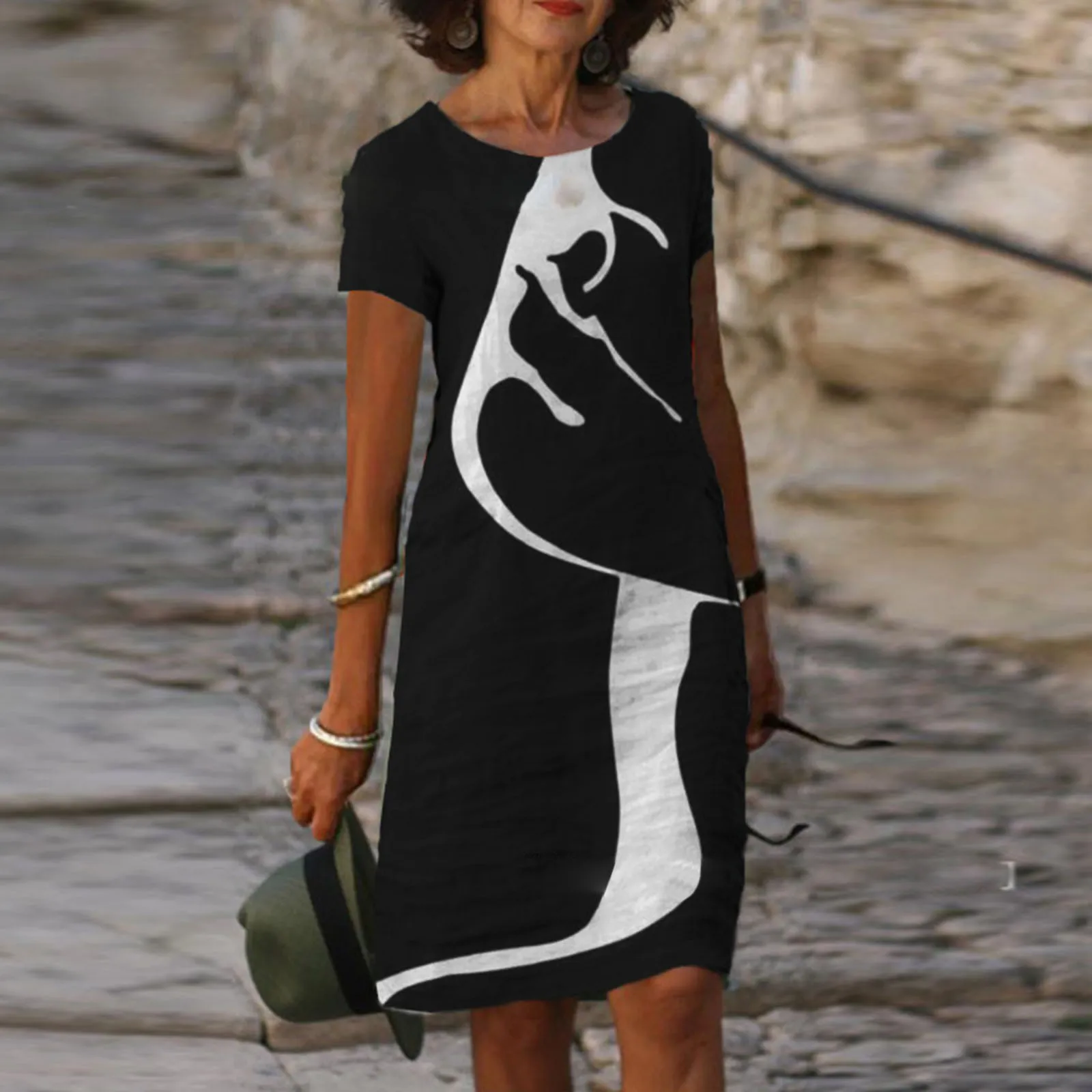 

Women Summer Linen Dress Half Sleeve Dress Dresses Floral Print O Neck Knee Length Sundress Midi Dress Soprano Dress