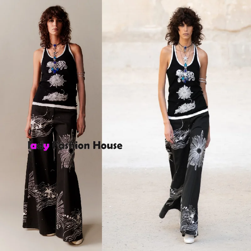 

luxury design high quality five pointed star fashion printing high waist wide leg pants fashion slim fit women's Straight Jeans