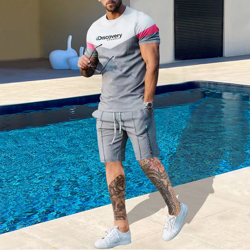 

Summer new men's short-sleeved sports casual patchwork suit men's round neck short-sleeved t-shirt shorts suit